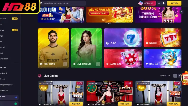 Giao diện HD88 tối ưu - Trải nghiệm mượt mà trên mọi thiết bị