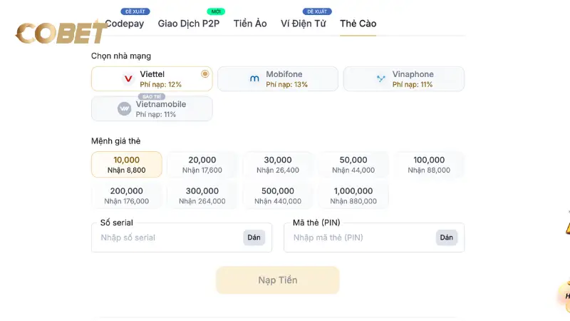 Nạp tiền vào tài khoản Cobet